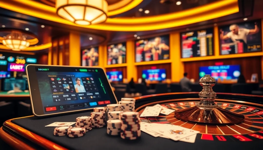 Sbobet online betting interface amidst a vibrant casino scene with cards, roulette, and poker chips.