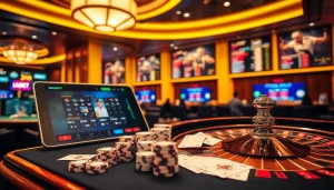Sbobet online betting interface amidst a vibrant casino scene with cards, roulette, and poker chips.