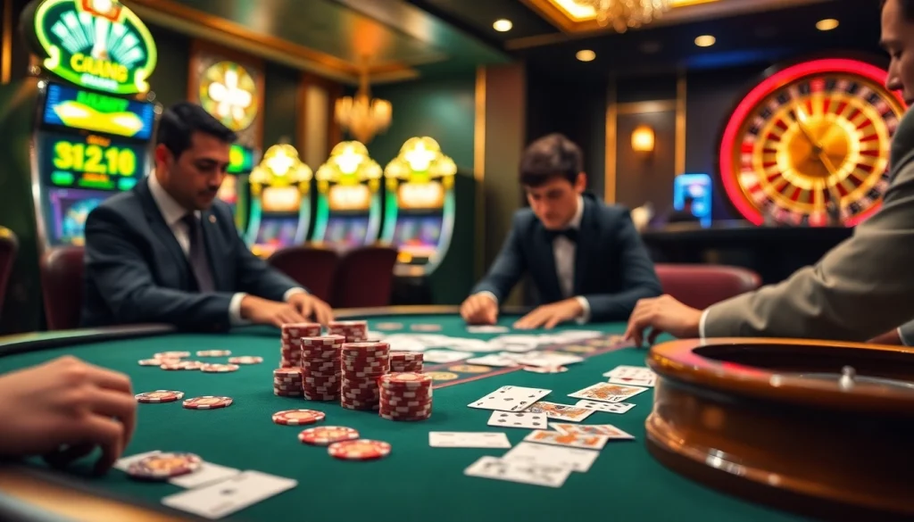 Engaging players at a high-stakes poker table at https://kjcmh.com/ Casino, showcasing vibrant poker chips and alluring atmosphere.