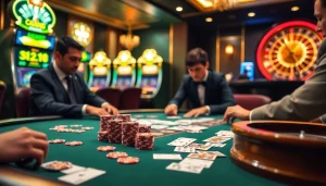 Engaging players at a high-stakes poker table at https://kjcmh.com/ Casino, showcasing vibrant poker chips and alluring atmosphere.