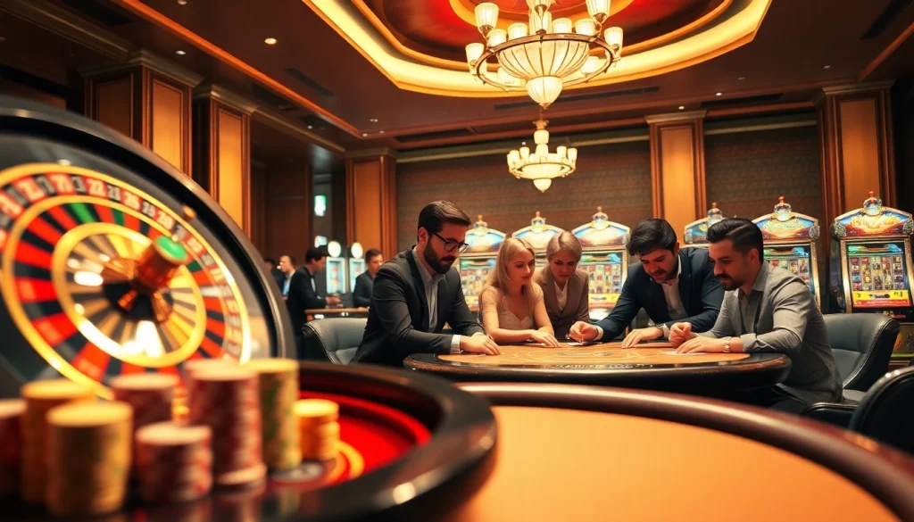 HitClub gamers engaging at a luxurious casino poker table with vibrant roulette action.