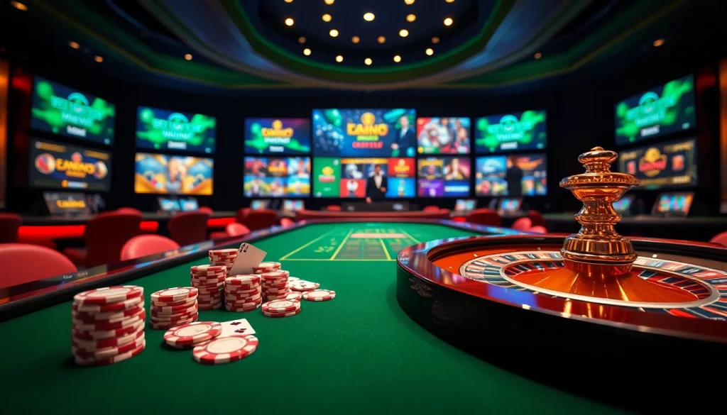 Experience thrilling gameplay at https://kuwin1.club/ in a vibrant casino scene with poker and roulette.