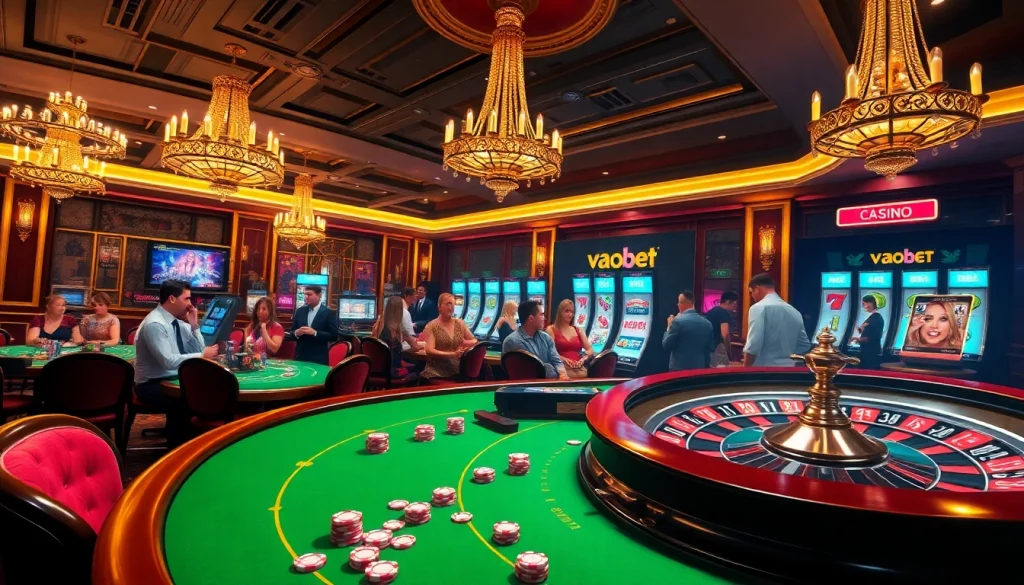 Players engaging with vaobet online gaming interface at a luxurious casino setting filled with excitement.