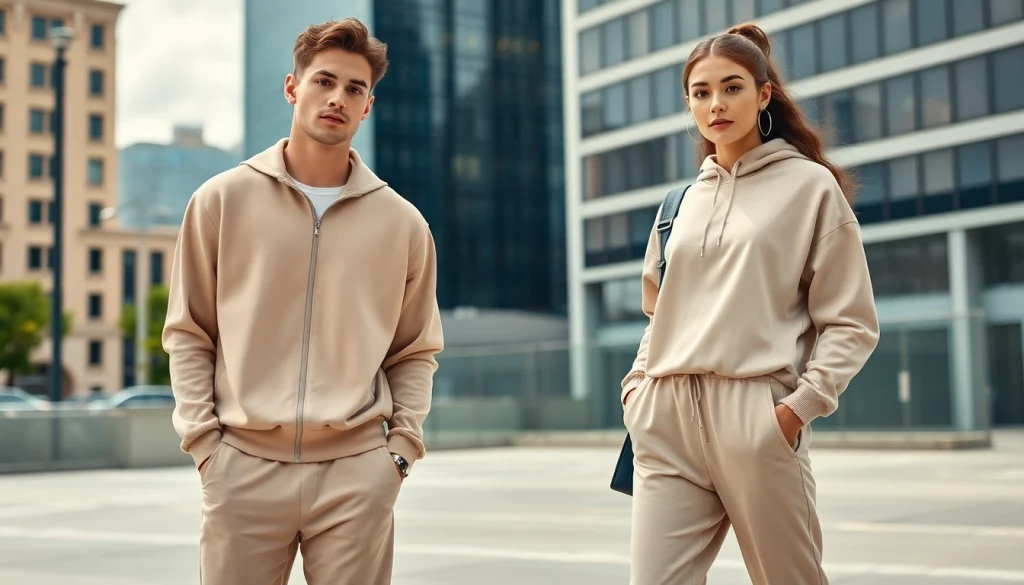 Essentials Tracksuit styled in an urban fashion scene, featuring models in relaxed poses.