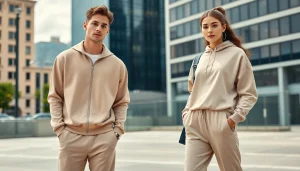Essentials Tracksuit styled in an urban fashion scene, featuring models in relaxed poses.
