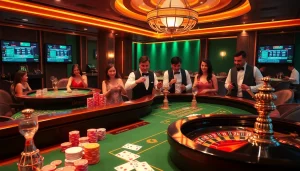 No hu poker game atmosphere with colorful chips, cards, and roulette wheel.