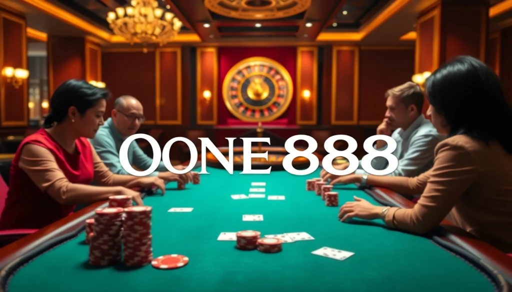 Engaged players at ONE88's luxury casino table with vibrant poker chips and cards.