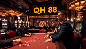 Experience the thrill of winning at QH88 casino with vibrant poker tables and cheers from players.