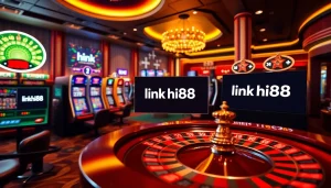 Engage with the excitement of online gaming at Hi88, featuring poker cards and slot machines.