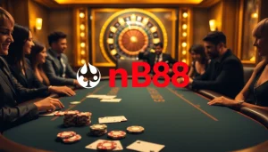 Excited gamblers playing blackjack at a casino with nh88 branding visible on the screen.