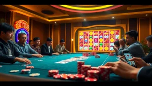 TT88 players enjoy an exciting casino game with vibrant chips and a glamorous atmosphere.