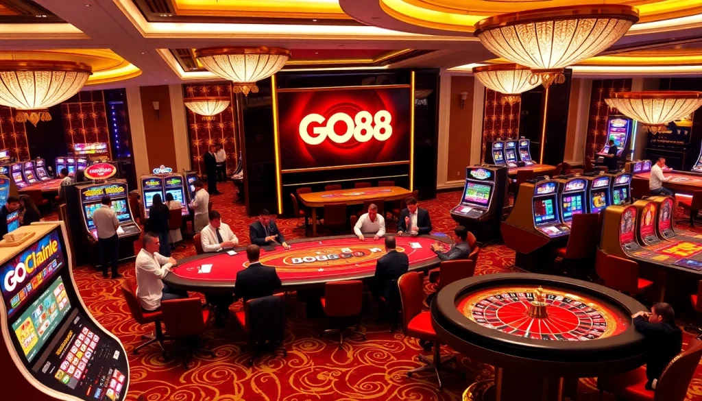 Engaged players enjoying GO88 gaming experience at a vibrant casino table.