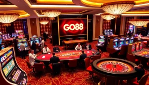Engaged players enjoying GO88 gaming experience at a vibrant casino table.