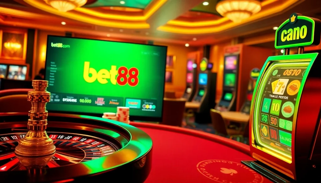 Experience the excitement of betting with Bet88, showcasing vibrant casino elements and thrilling gameplay.