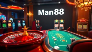 Man88 casino scene showcasing players engaged in poker and roulette for an exciting experience.