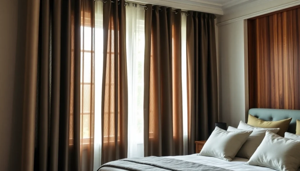 Verduisterende gordijnen prachtig gepositioneerd in een sfeervolle slaapkamer, ideaal voor volledige privacy.
