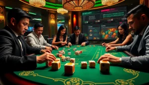 Players enjoying an intense game of Tài Xỉu MD5, showcasing excitement and strategy in a vibrant casino setting.