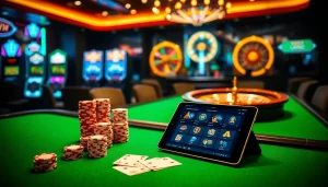Experience the thrill of J8's casino games with vibrant poker chips and a roulette wheel.