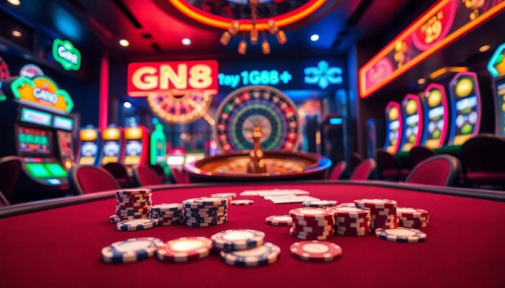 Experience the thrill of winning at GG88 casino with a vibrant poker table and roulette wheel.