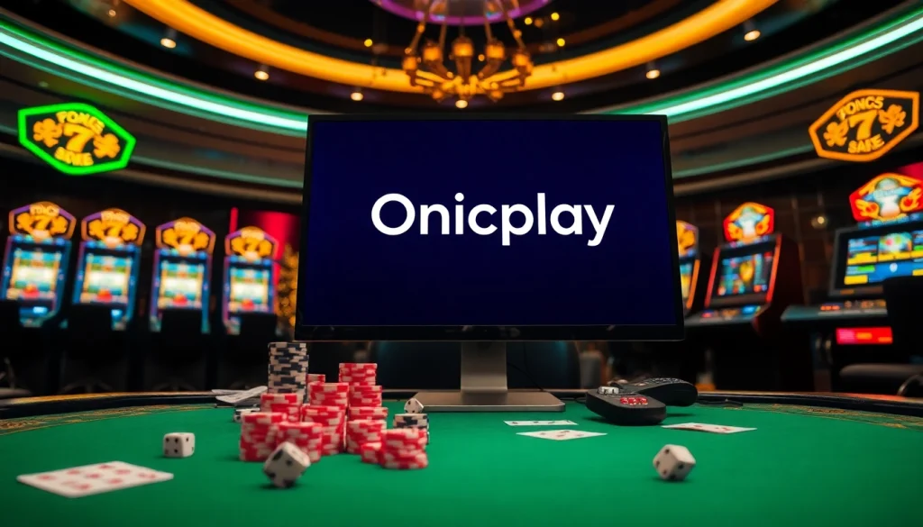 Engaging image illustrating Onicplay's vibrant online gambling interface featuring slot machines and poker chips.