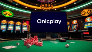 Engaging image illustrating Onicplay's vibrant online gambling interface featuring slot machines and poker chips.