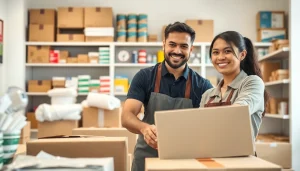 Efficient packing shipping services showcasing organized workspace and friendly staff.