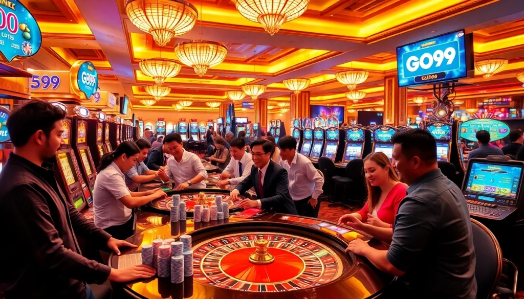 Exciting casino ambiance with players engaging at tables, showcasing GO99 gaming thrills.