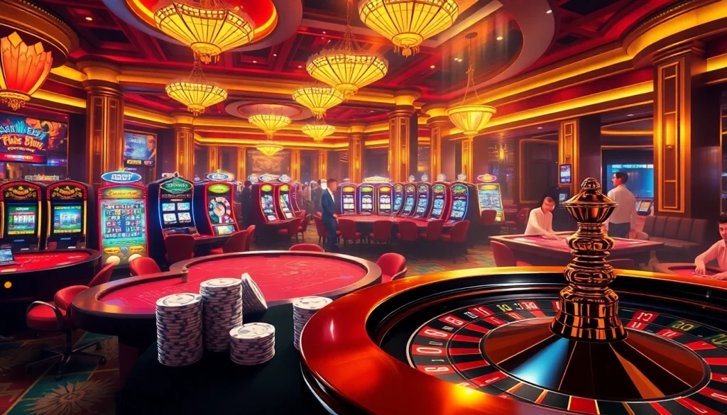 Experience the thrill of 8kbet with a luxurious casino scene featuring vibrant slot machines and poker tables.