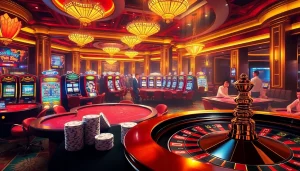 Experience the thrill of 8kbet with a luxurious casino scene featuring vibrant slot machines and poker tables.