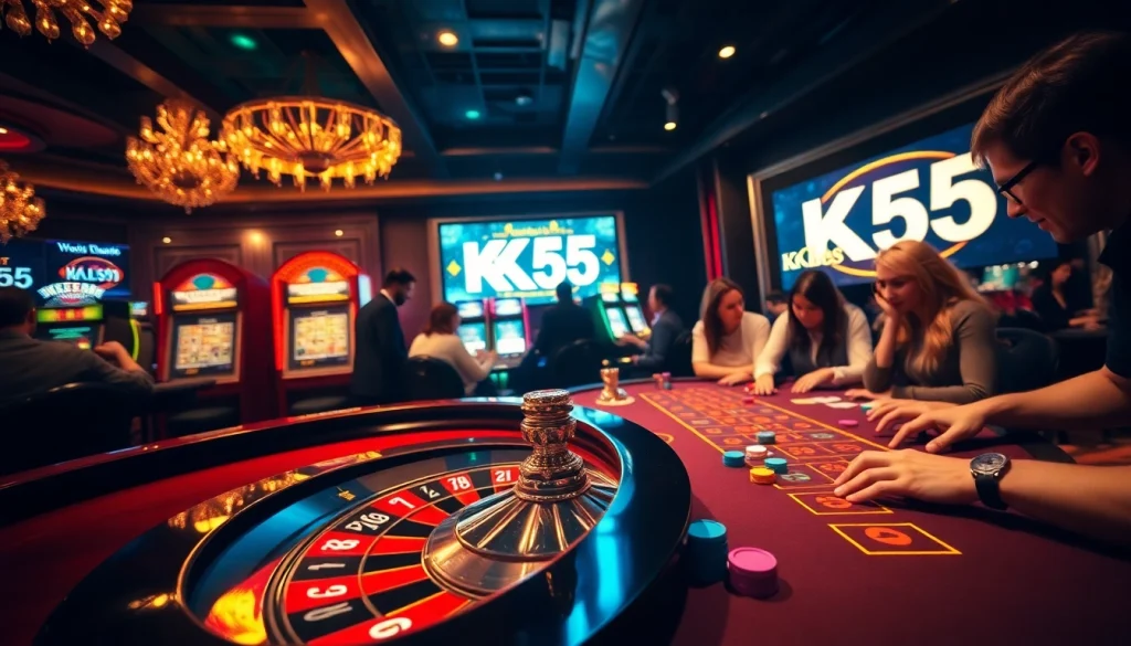 Experience the excitement of KK55 at the vibrant casino table with chips and cards.
