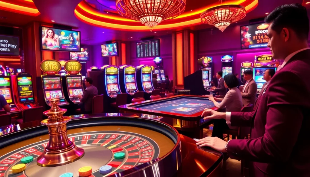 Engaging casino gameplay scene with players at https://9bet0.us.com/, featuring a vibrant roulette table and professional dealer.