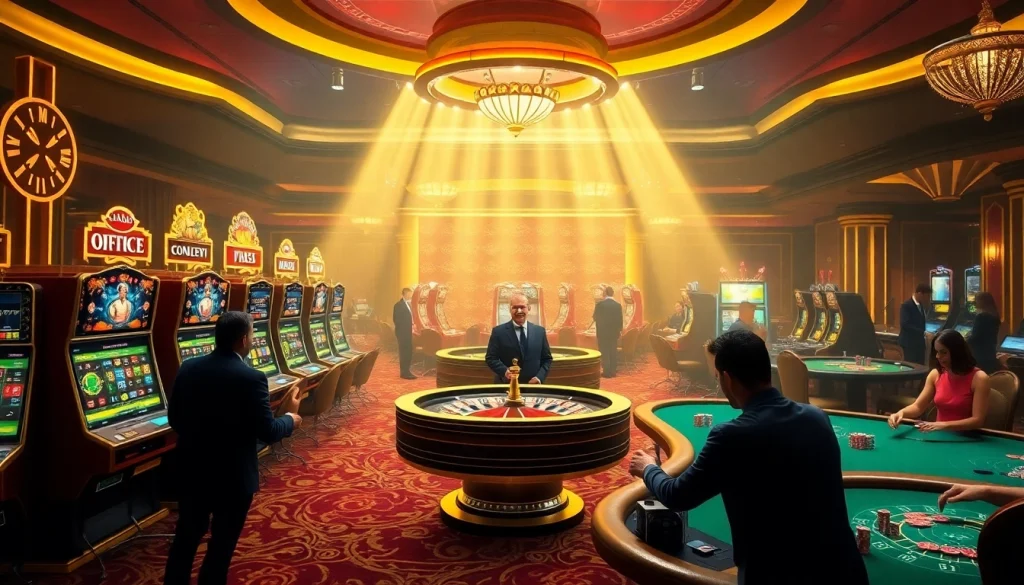 A dynamic casino scene showcasing players enjoying games and betting at https://www.jl55.one/ with vibrant slot machines and roulette tables.