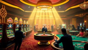 A dynamic casino scene showcasing players enjoying games and betting at https://www.jl55.one/ with vibrant slot machines and roulette tables.