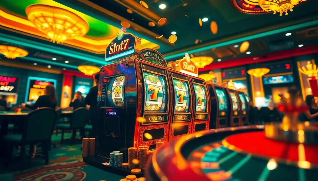 Players excitedly engaging with the slot777 machine amid a vibrant casino atmosphere.