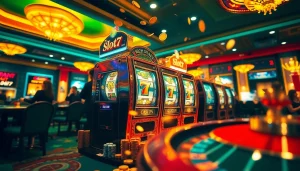Players excitedly engaging with the slot777 machine amid a vibrant casino atmosphere.