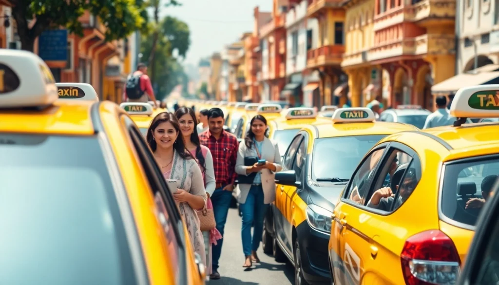 Jaipur Taxi Service - Busy urban street scene with trusted drivers and passengers booking rides.