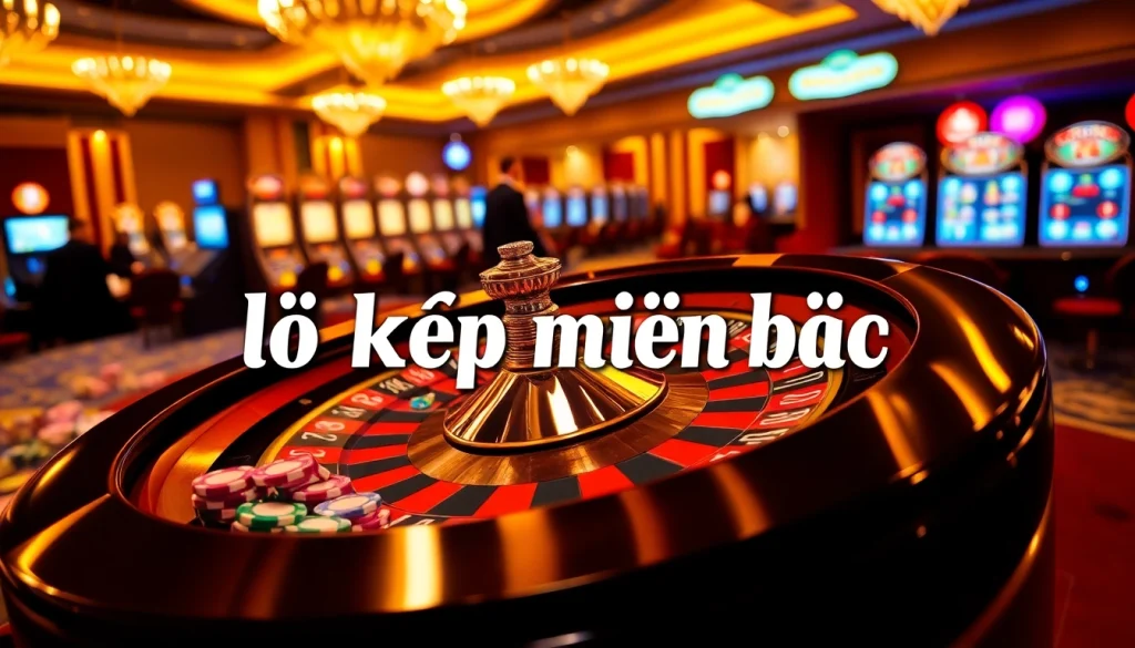 Exciting casino scene featuring lô kép miền bắc with roulette wheel and poker chips.
