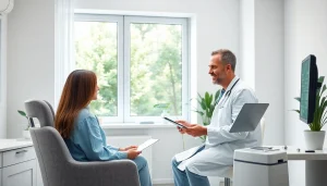 Dr.AGAクリニック 口コミ showcases a professional and welcoming consultation at a hair loss treatment clinic, emphasizing patient care.