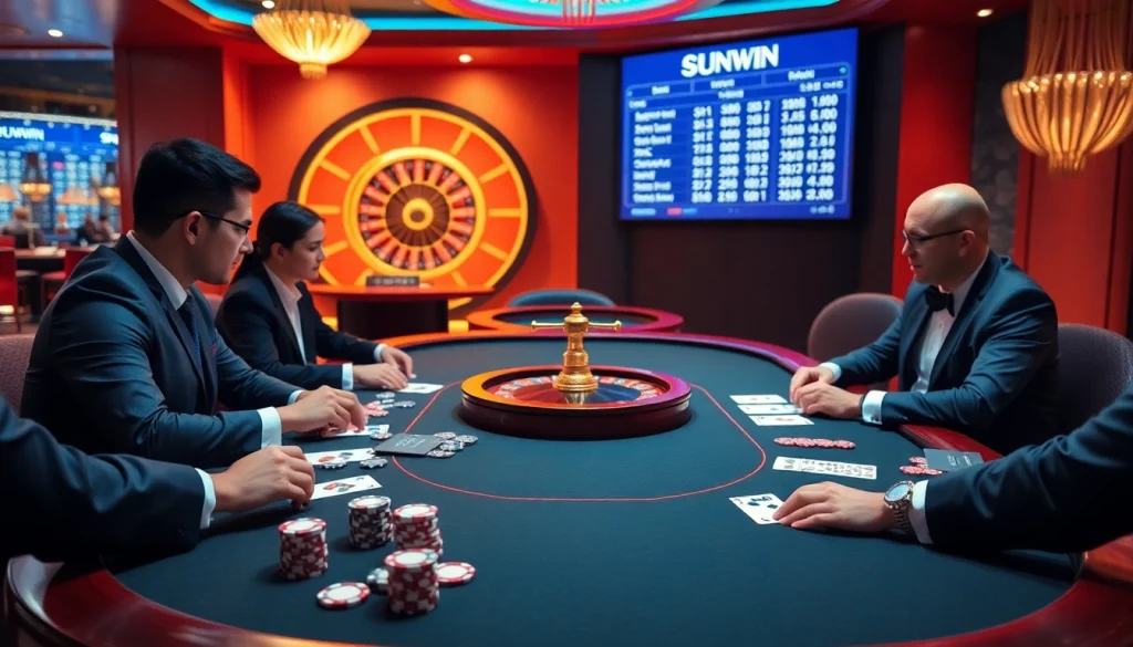 SUNWIN poker players engaging in an intense game at a luxury casino table with vibrant poker chips.