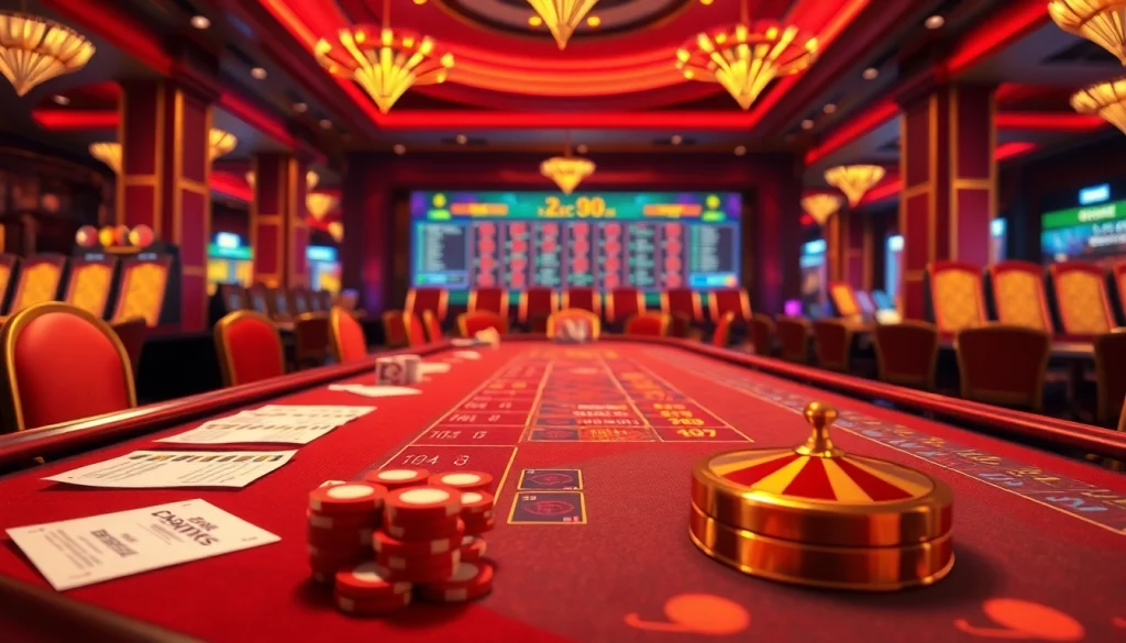Xóc Đĩa game table showcasing vibrant chips and betting slips in an upscale casino setting.