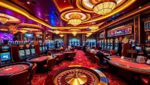 Players enjoying high-stakes games at 11win's luxurious casino tables with vibrant atmosphere.