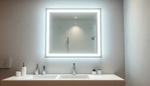 Elegant modern bathroom featuring a LED mirror with stylish lights and accessories.