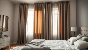 Verduisterende gordijnen in serene slaapkamer helpen bij het creëren van privacy