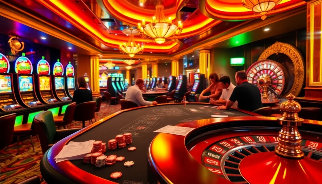 Thrill of gambling at Thabet casino with poker players and vibrant slot machines.