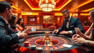 Engaging players at a luxurious casino table in rr88 com, showcasing excitement and high-stakes action.