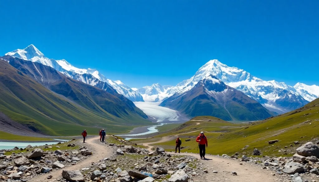 Everest Base Camp Trek with Helicopter Return showcasing stunning Himalayan peaks and trekkers along the trail.