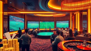 Exciting sports betting experience with dynamic visuals featuring แทงบอล activities in a luxurious lounge.