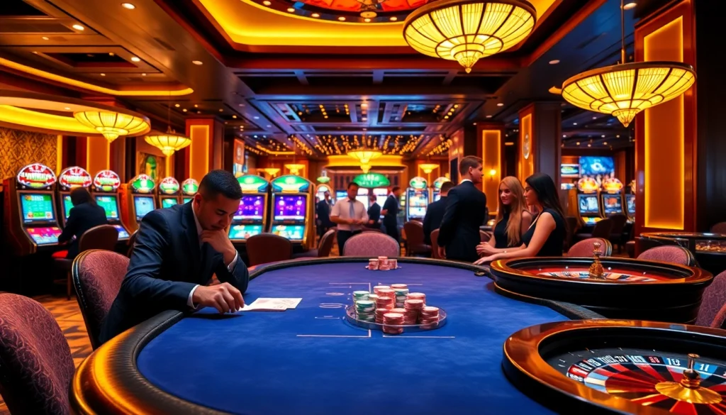 SODO casino scene featuring vibrant poker gameplay and exquisite slot machines in a luxurious atmosphere.