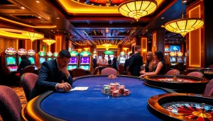 SODO casino scene featuring vibrant poker gameplay and exquisite slot machines in a luxurious atmosphere.