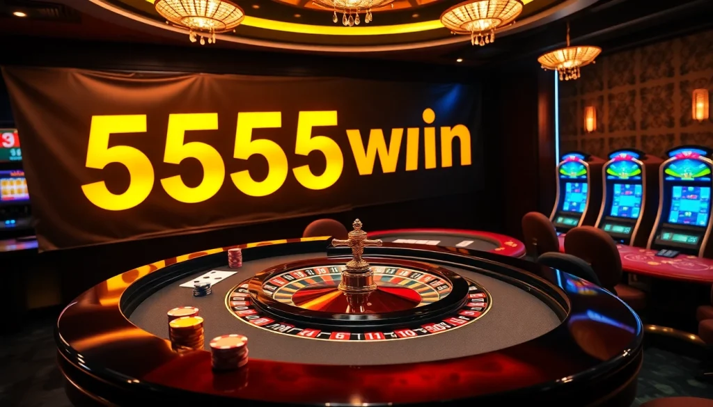 Experience the thrilling atmosphere of 555win with vibrant casino tables and poker chips.